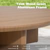 Close-up of the teak wood grain aluminum coffee table top and base.