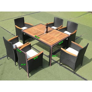 7-Piece Wicker Outdoor Dining Set with White Cushion, Acacia Wood Top