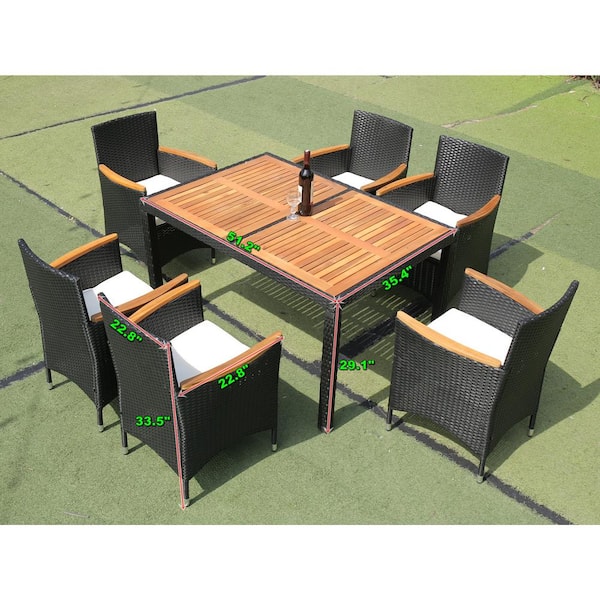 Tenleaf 7-Piece Wicker Outdoor Dining Set with White Cushion, Acacia Wood Top