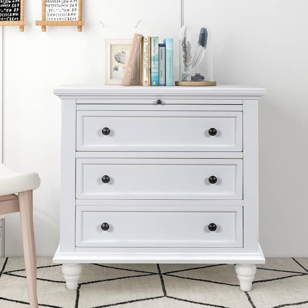 28 in. W White Rectangle 3-Drawer Storage Wood End Table with Pull out Tray