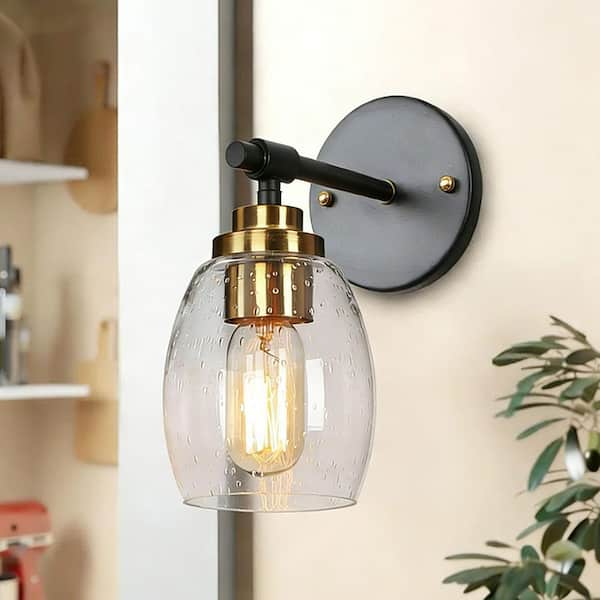 Modern Bell Black and Plating Brass Bathroom Wall Sconce 1-Light Drum Powder Room Vanity Light with Seeded Glass Shade