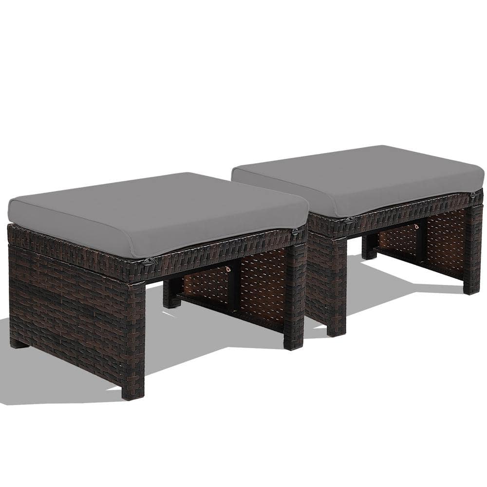 ANGELES HOME Patio Rattan Wicker Outdoor Ottomans with Soft Gray