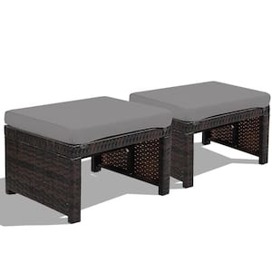 Patio Rattan Wicker Outdoor Ottomans with Soft Gray Cushion for Patio and Garden (2-Pack)