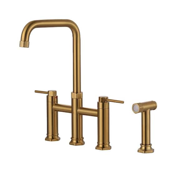 2-Handle High-Arc 4-Hole Deck-Mount Kitchen Faucet with Side Sprayer in Solid Brass Brushed Gold