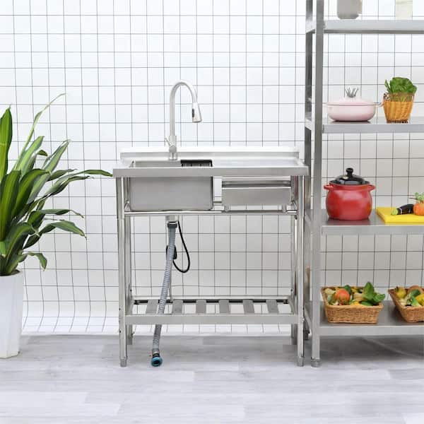 JIRTEMOT 39-Inch Freestanding Stainless Steel Utility Sink With Faucet, Pull-Out Drawer & Adjustable Shelf – Indoor/Outdoor Workstation For Garage, Laundry, Or Kitchen