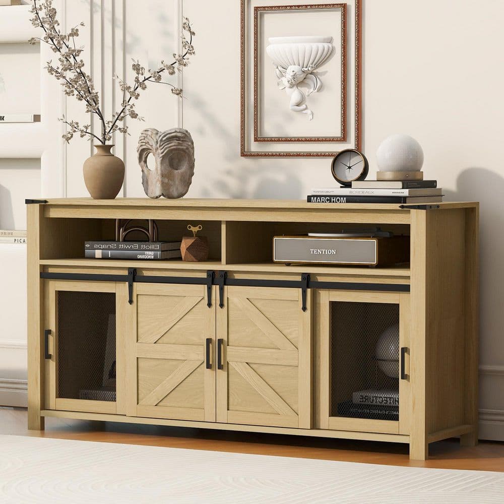 Natural Brown Particle Board 59.3 in. W Sideboard Buffet with Open Storage, Mesh Panels and Sliding Barn Door