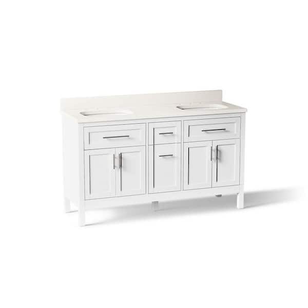 Hadron 61 in. Double Sink Freestanding White Bath Vanity with White Quartz Top Assembled