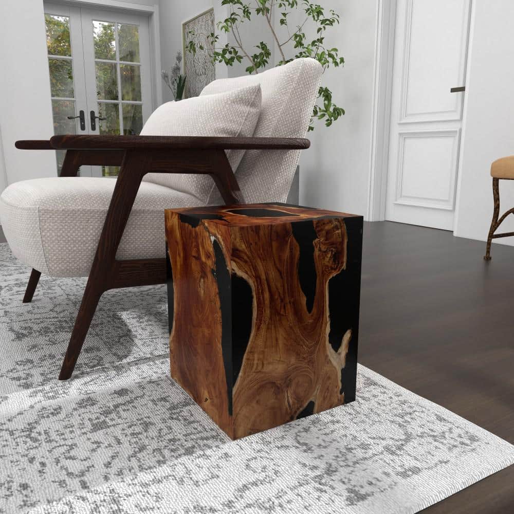 Black Teak Wood Accent Table with Resin Inlay