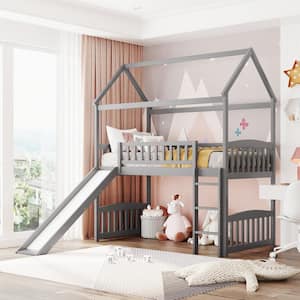 Gray Twin Loft Bed with Slide and Ladder, House Loft Beds with Roof and Guardrail for Kids, Toddlers, Teens
