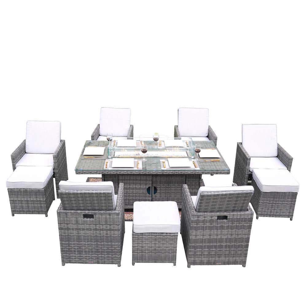 Belle Gray 11-Pieces Wicker Outdoor Rectangular Patio Gas Fire Pit Sitting Set with Gray Cushions price history on PriceWatchPro