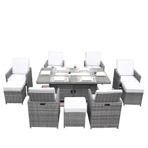 Belle Gray 11-Pieces Wicker Outdoor Rectangular Patio Gas Fire Pit Sitting Set with Gray Cushions