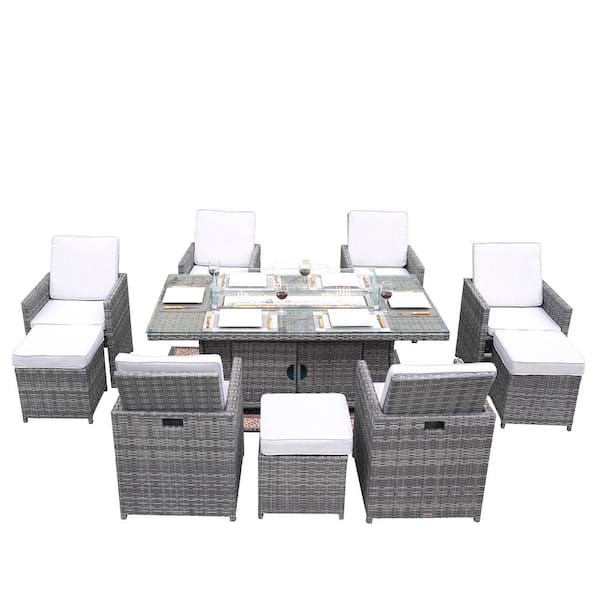 DIRECT WICKER Belle Gray 11-Pieces Wicker Outdoor Rectangular Patio Gas Fire Pit Sitting Set with Gray Cushions