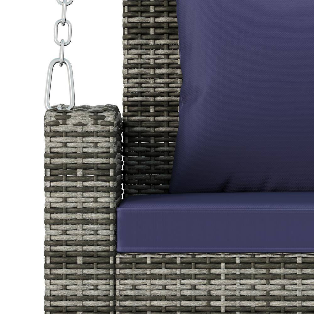 Blue-gray Wicker Porch Swing with Cushions and Galvanized Steel Frame