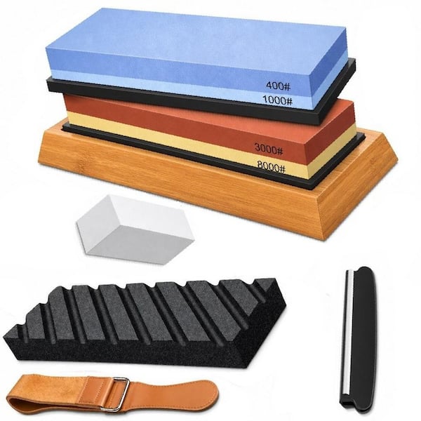 Emery Dual-Grit Whetstone Set with Leather Strop, Flattening Stone, Bamboo Base, Non-slip Rubber Bases and Angle Guide
