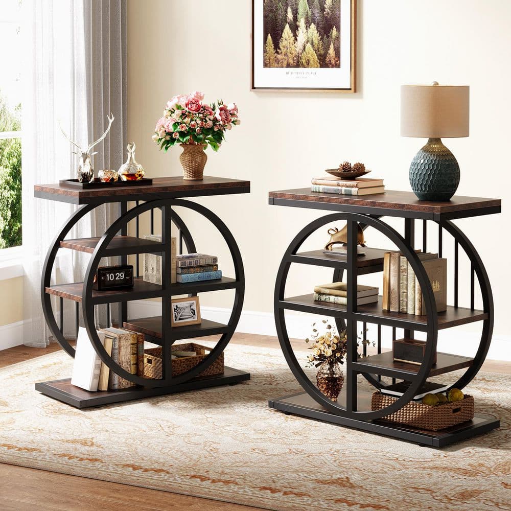 Andrea 23.6 in. Rustic Brown Rectangle Wood End Table Set of 2, Sofa Side Table with Storage Shelves