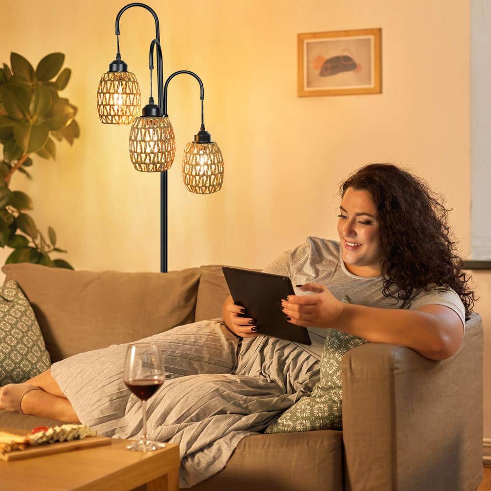 Black Metal Arc Floor Lamp with Rattan Shades