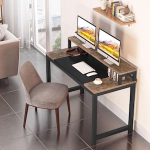 Alan 47 in. Rectangular Black Metal and Brown Particle Wood Board Top Computer Desk with Monitor Stand Shelf