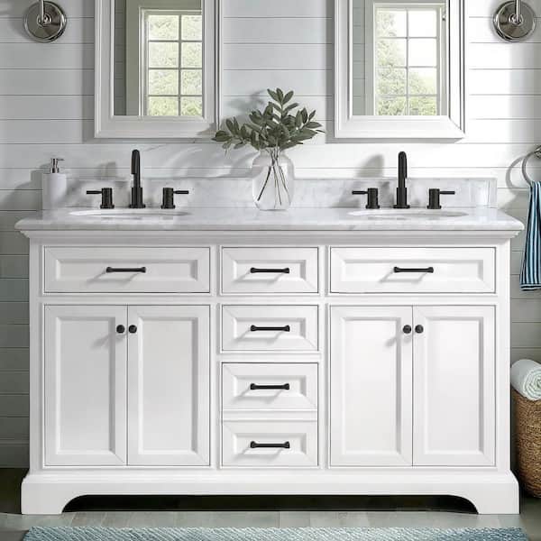 Windlowe 61 in. Double Sink White Bath Vanity with White Carrara White Marble Top and Additional Black hardware