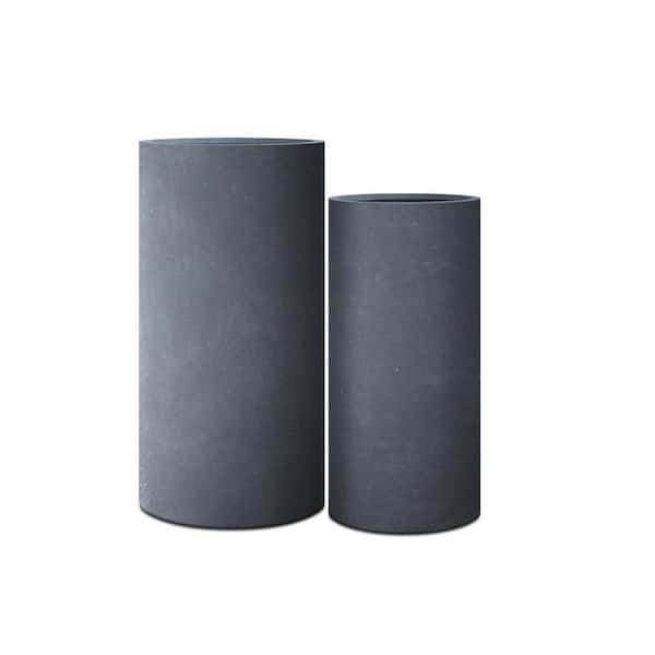 KANTE Kante 23.6 and 18.9 in. H Cylindrical Charcoal Finish Concrete and Fiberglass Modern Planters (Set of 2)
