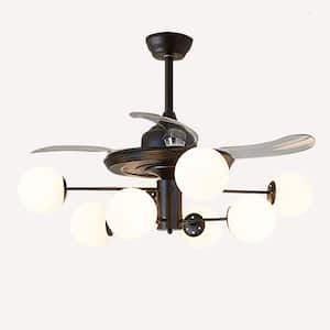 48 in. 8-Light Indoor Retractable Ceiling Fan with Remote, Black Ceiling Fan with Milky Globe Lampshade, Bulbs Included