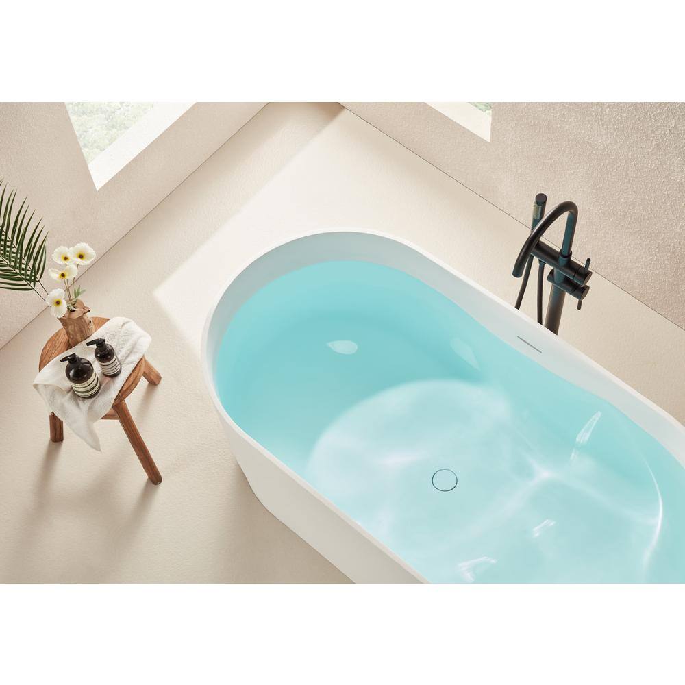 67" Matte White Stone Resin Freestanding Soaking Bathtub with Pop Up Drain