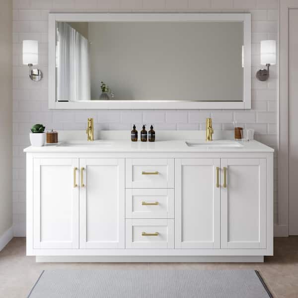 Wyndham Collection Miranda 72 in. W x 22 in. D x 33.75 in. H Double Bath Vanity in White with White Quartz Top and 70 in. Mirror