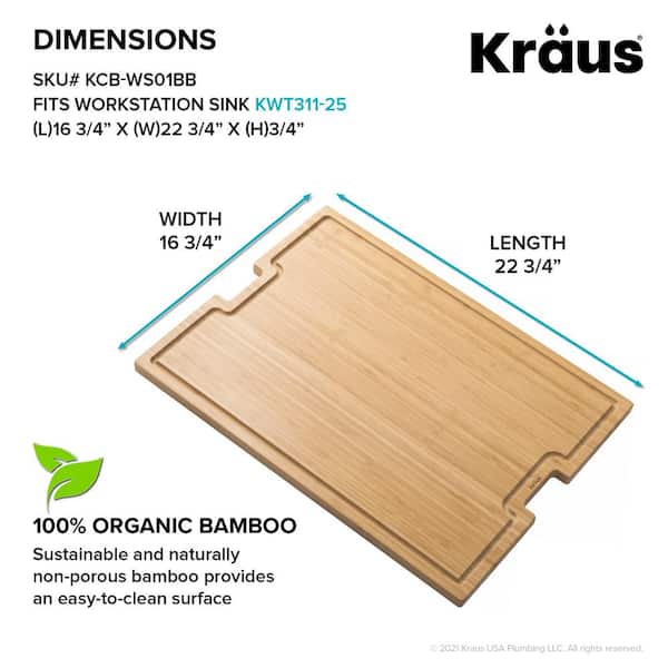 KRAUS 12 in. Solid Bamboo Workstation Kitchen Sink Cutting Board