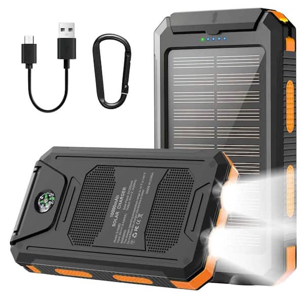 EKIEUDL 10000mAh Solar Power Bank Portable Charger with QC 3.0 Fast Charging Built-in Flashlight Compass Carabiner