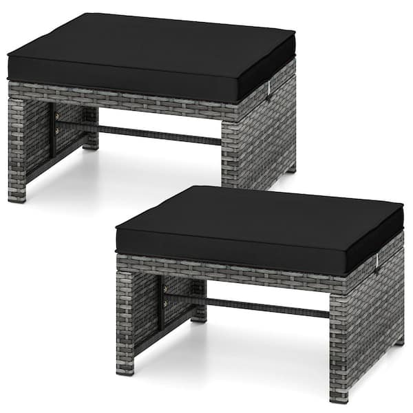 LIVIZA Gray Metal Frame and PE Rattan Outdoor Ottoman Set with Black Zippered Cushion(Set of 2)