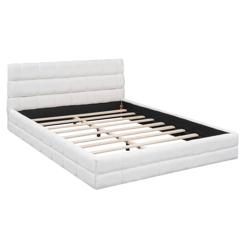 Black Wood Frame Queen Size Berber Fleece Fabric Upholstered Platform Bed, Grounded Bed - thumbnail 8