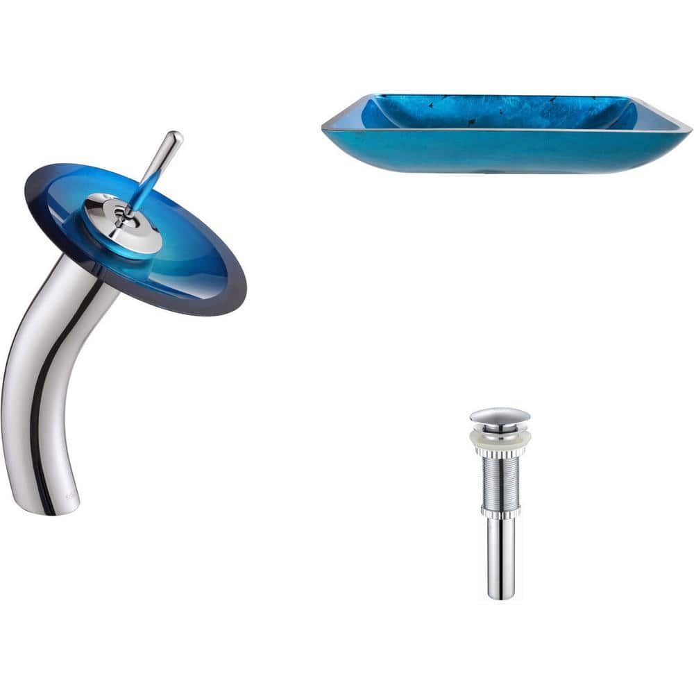 Fire Blue Glass Rectangular Vessel Sink with Chrome Faucet