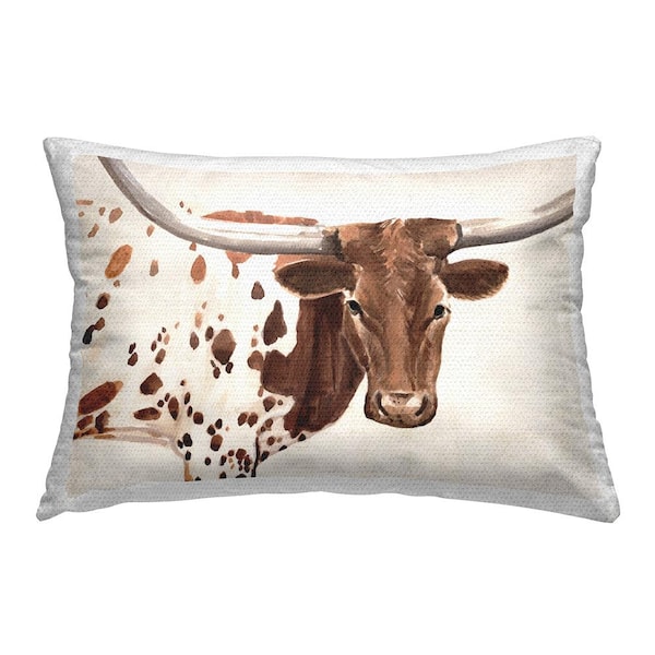 Rustic Longhorn Cow Brown Rectangular Outdoor Throw Pillow