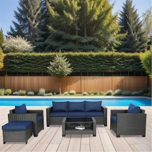 7-Piece Black Wicker Patio Outdoor Sofa Loveseat Conversation Seating Set with Dark Blue Cushions and Sloped Back