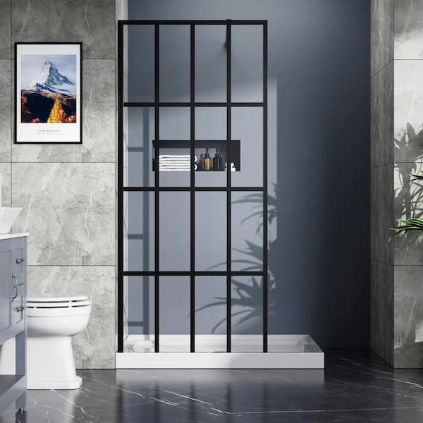 34 in. W x 72 in. H Framed Fixed Black Grid Walk-in Shower Door in Black