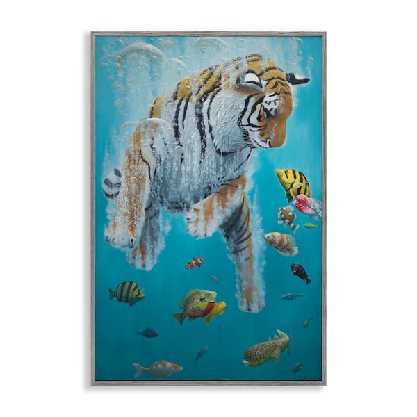 Stupell Industries Swimming Tiger Among Fish by Heather Gauthier Gray Framed Animal Giclee Art Print 18 in. x 12 in.