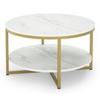 Allan 35.4 in. Faux Marble Tabletop Round Coffee Table with Gold Metal Legs Open Storage Shelf