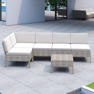 6-Piece Wicker Outdoor Sectional Set with Off-White Cushions