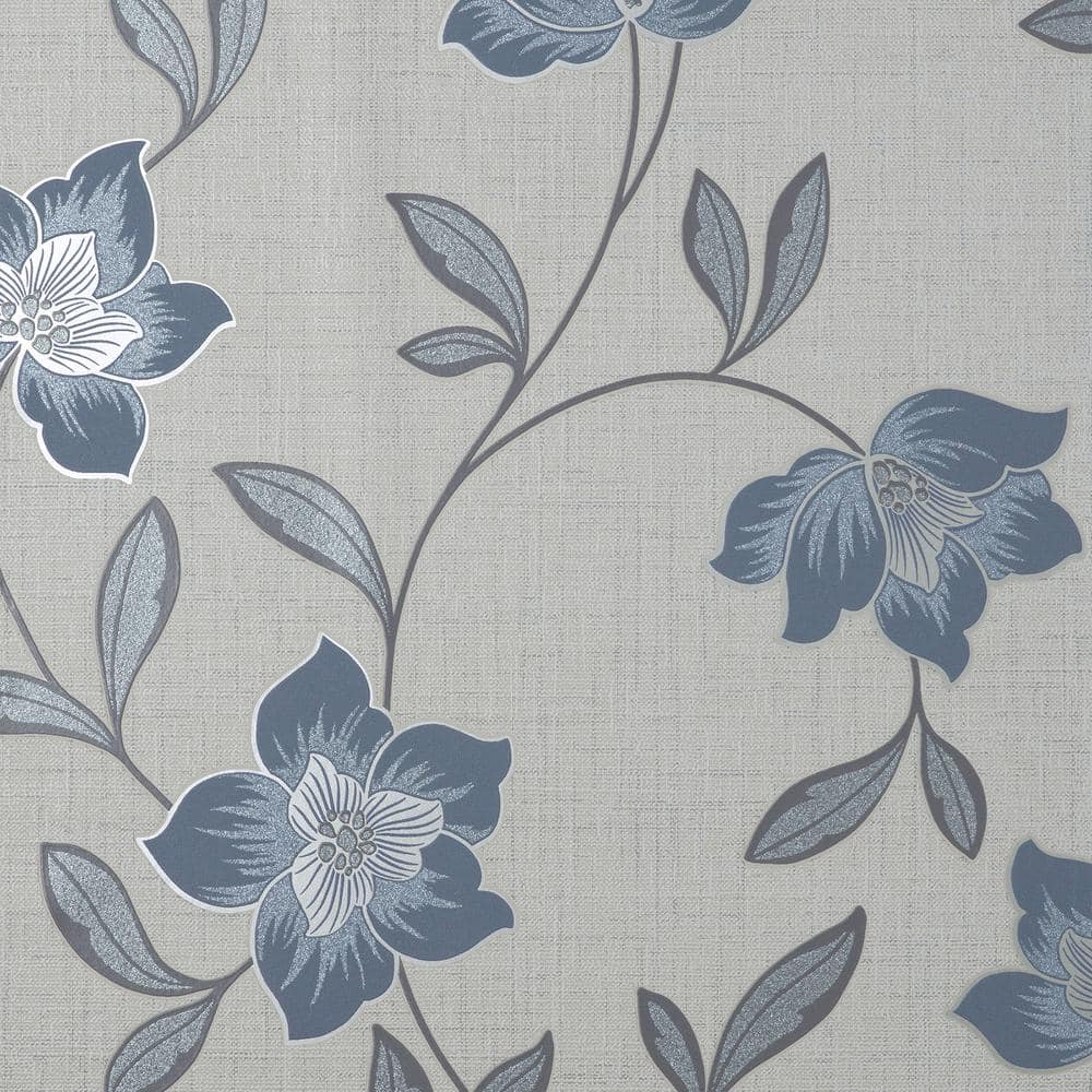 Medley Blue and Gray Vinyl Botanical Wallpaper