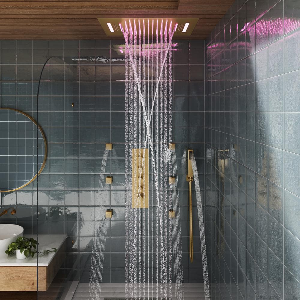 Brushed Gold Large Dual Rectangle Ceiling Mounted Shower System with LED and Bluetooth