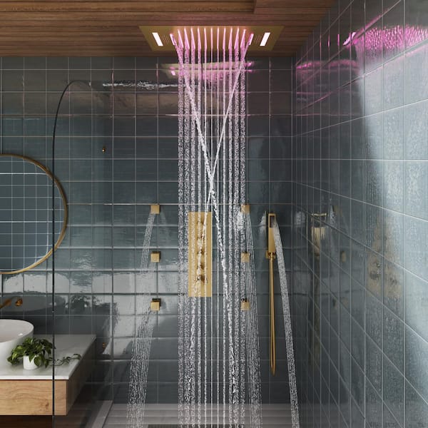 4-Spray 2.5 GPM Ceiling Mount Dual Shower Head and Handheld Shower Head with 6-Body Jets, LED, and Music in Brushed Gold