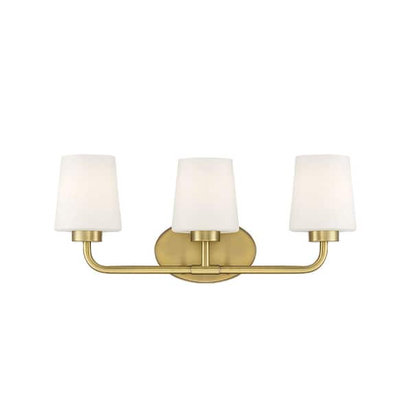 Capra 22 in. W x 9 in. H 3-Light Warm Brass Bathroom Vanity Light with Frosted Glass Shades