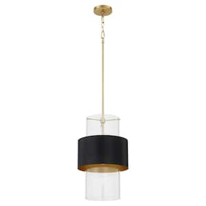 12 in. 1-Light 100-Watt Pendant Light with Clear Glass Matte Black / Aged Brass