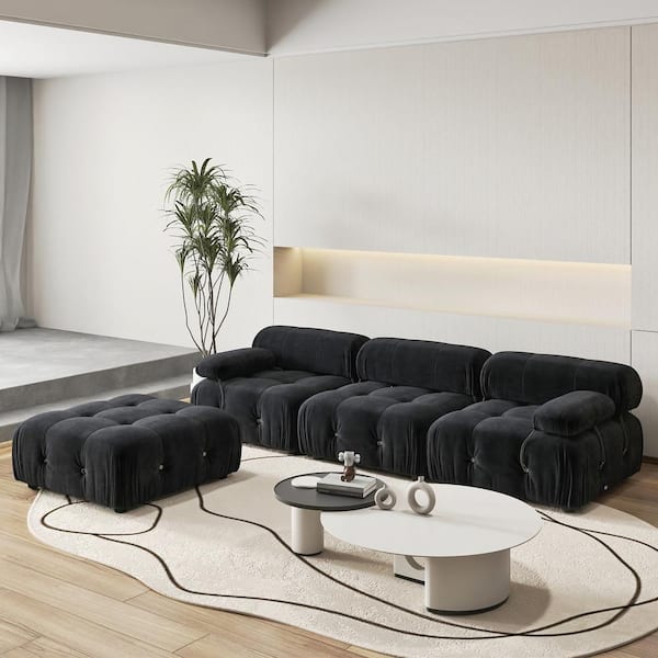 Magic Home Chameleon 104 in. Square Arm Minimalism 4-Piece Modern Velvet Modular Combination Sectional Sofa with Ottoman in Black