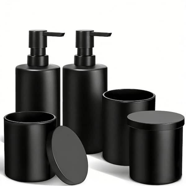 5-Piece Bathroom Accessory Set with Soap Dispenser, Toothbrush Holder Set, Qtip Holder and Cotton Ball Holder in Black