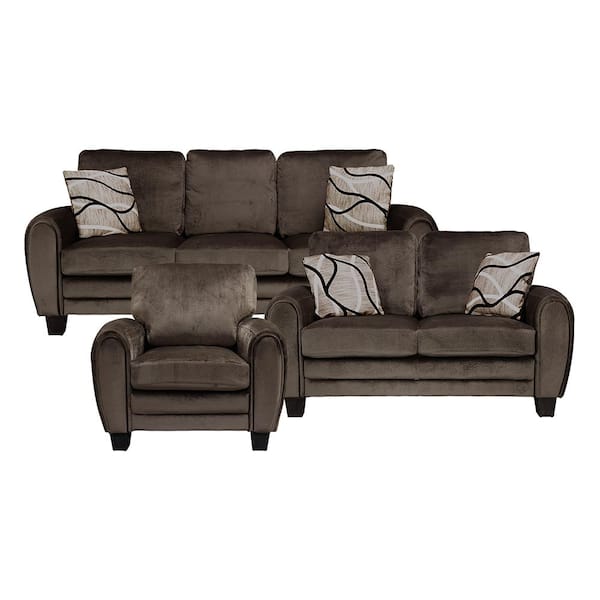 Lazzara Viggo 85 in. W Round Arm Microfiber Rectangle 3-Piece Living Room Sofa Set in Chocolate