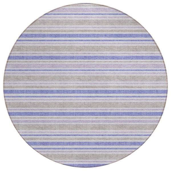 Ivory and Blue Round Striped Indoor Outdoor Area Rug