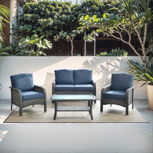 Unbranded New Hyacinth Gray 4-Piece Wicker Patio Outdoor Conversation Seating Set with a Coffee Table and Denim Blue Cushions