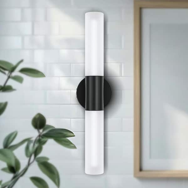 Modern 22 in. 2-Light Matte Black LED Dimmable Vanity Light with Acid-etched Striated Glass Shade
