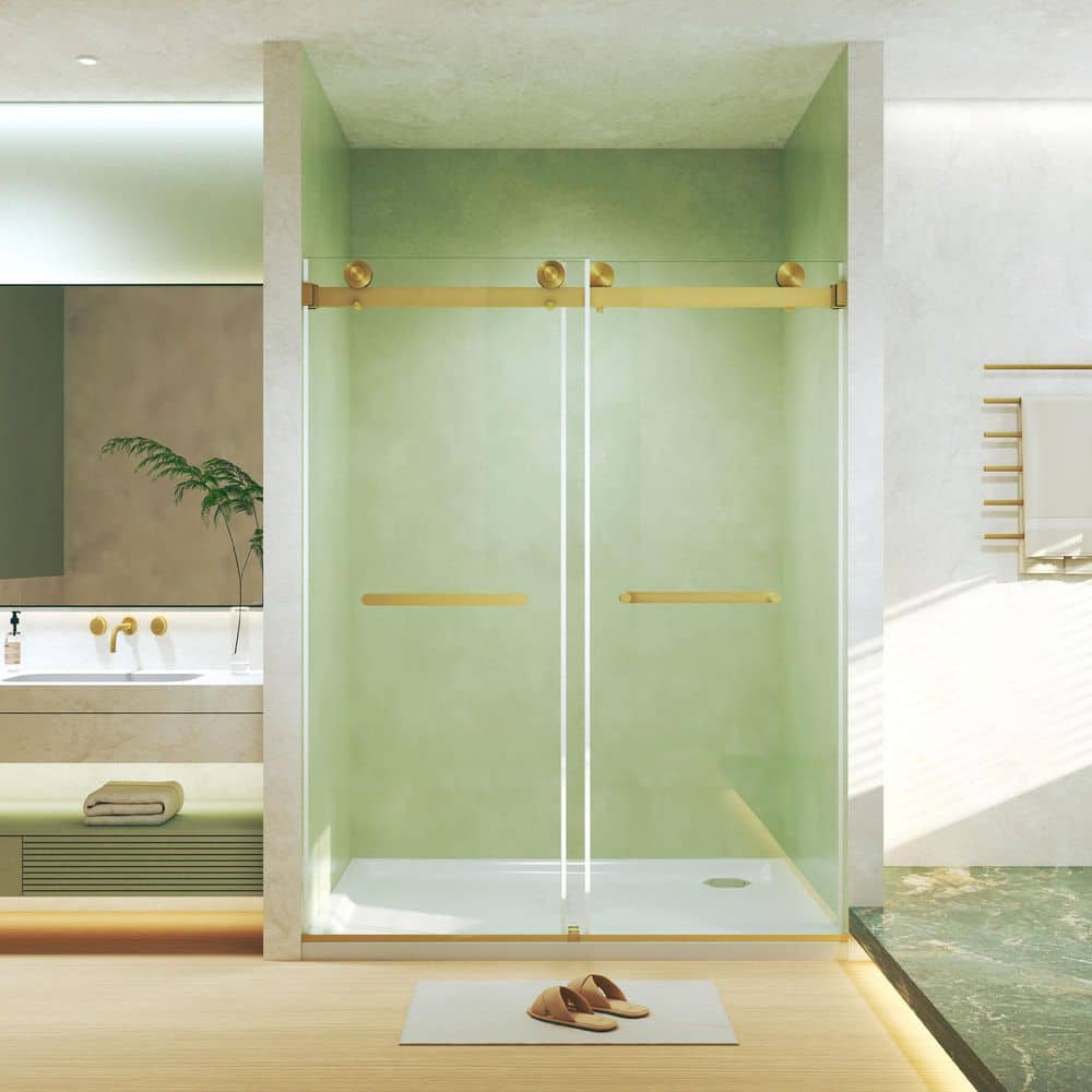 "44 in.-48 in. W x 74 in. H Double Sliding Frameless Shower Door in Brushed Gold with 5/16""(8mm) Clear Tempered Glass" price history on PriceWatchPro