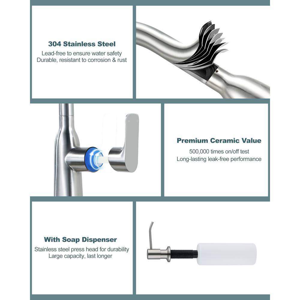 Brushed Nickel Stainless Steel Pull Down Kitchen Faucet with Soap Dispenser